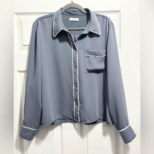 Aritzia Babaton Shane Blouse Button Up Front Dusty Blue Top White Piping Large